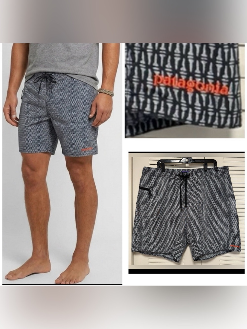 Patagonia Men's Wavefarer Board Shorts Swim Trunks Geometric Black Gray 40
